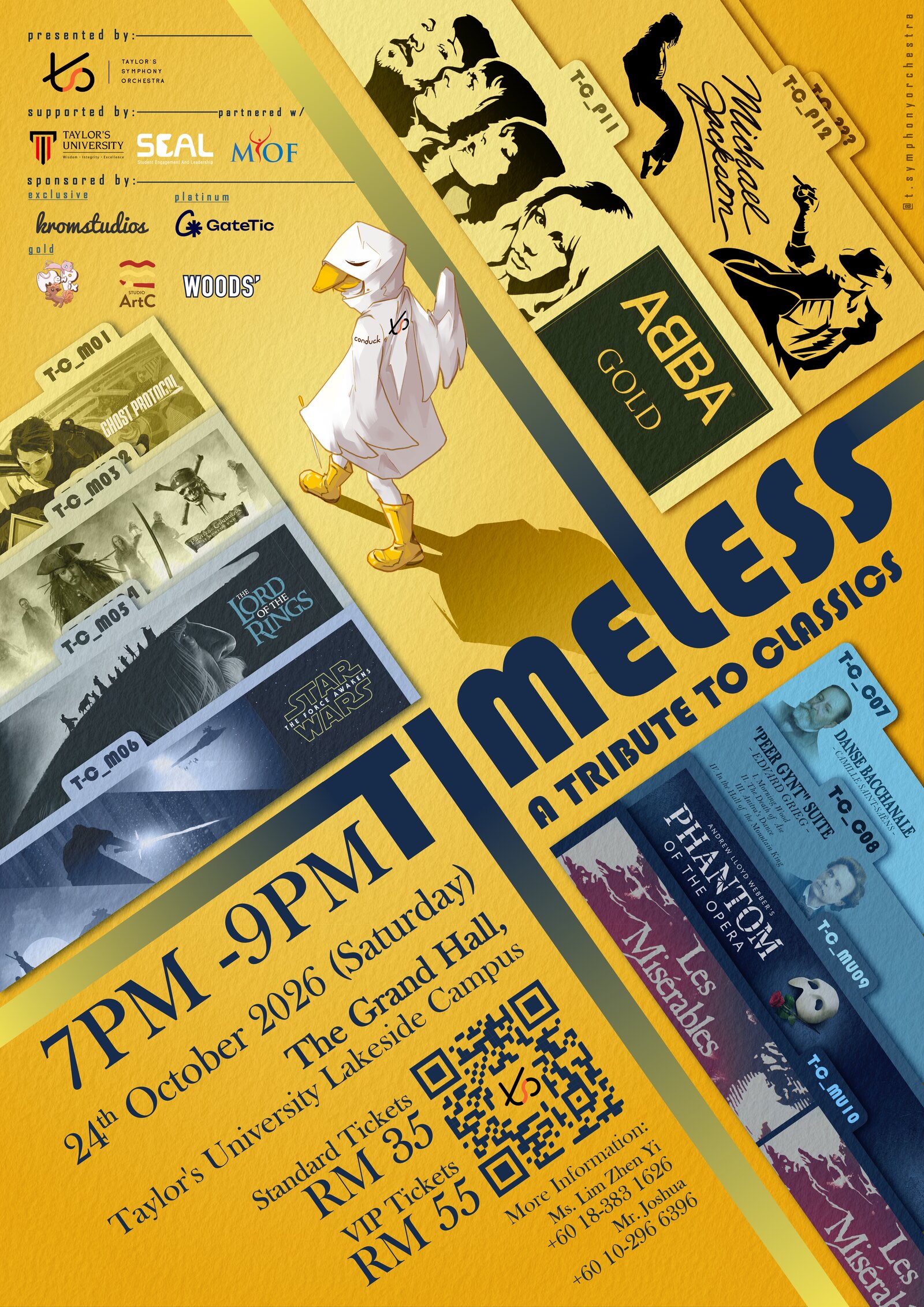 Timeless: A Tribute to Classics concert poster — 7PM to 9PM, Saturday 24 October 2026, The Grand Hall, Taylor's University Lakeside Campus. Standard tickets RM 35, VIP tickets RM 55.